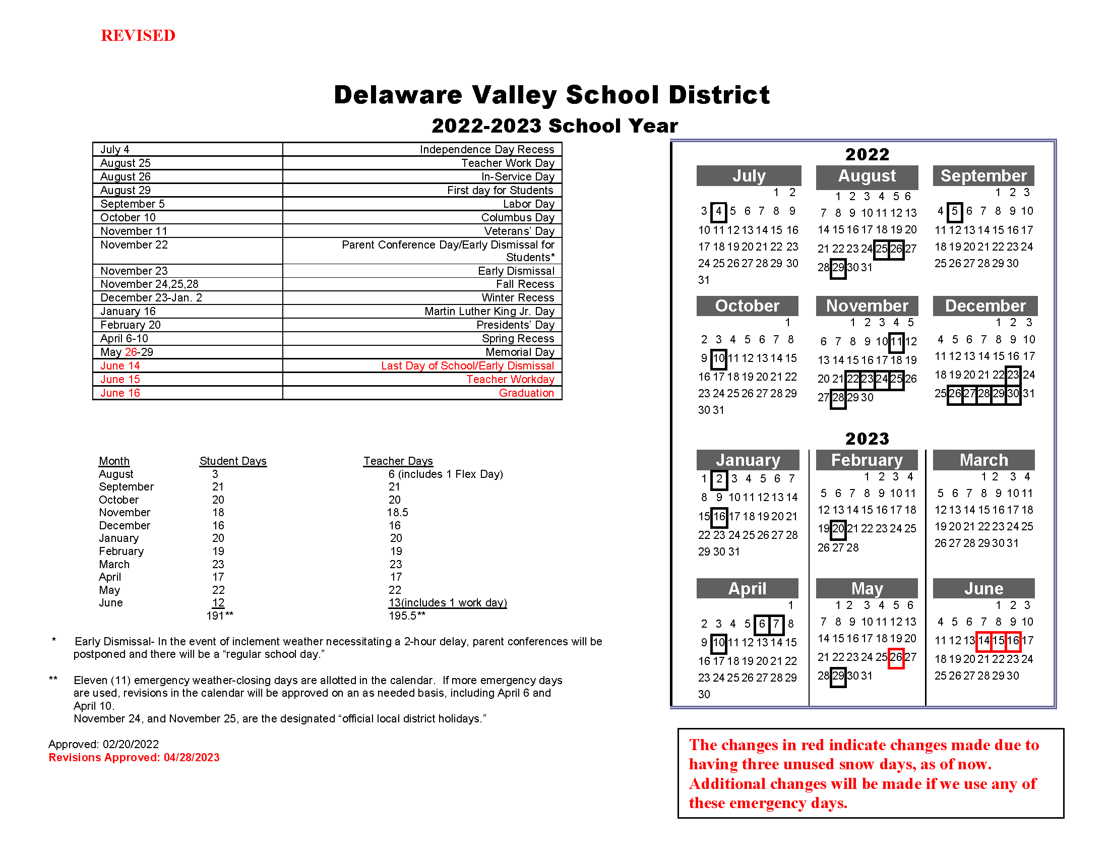 2022-2023 DVSD Calendar